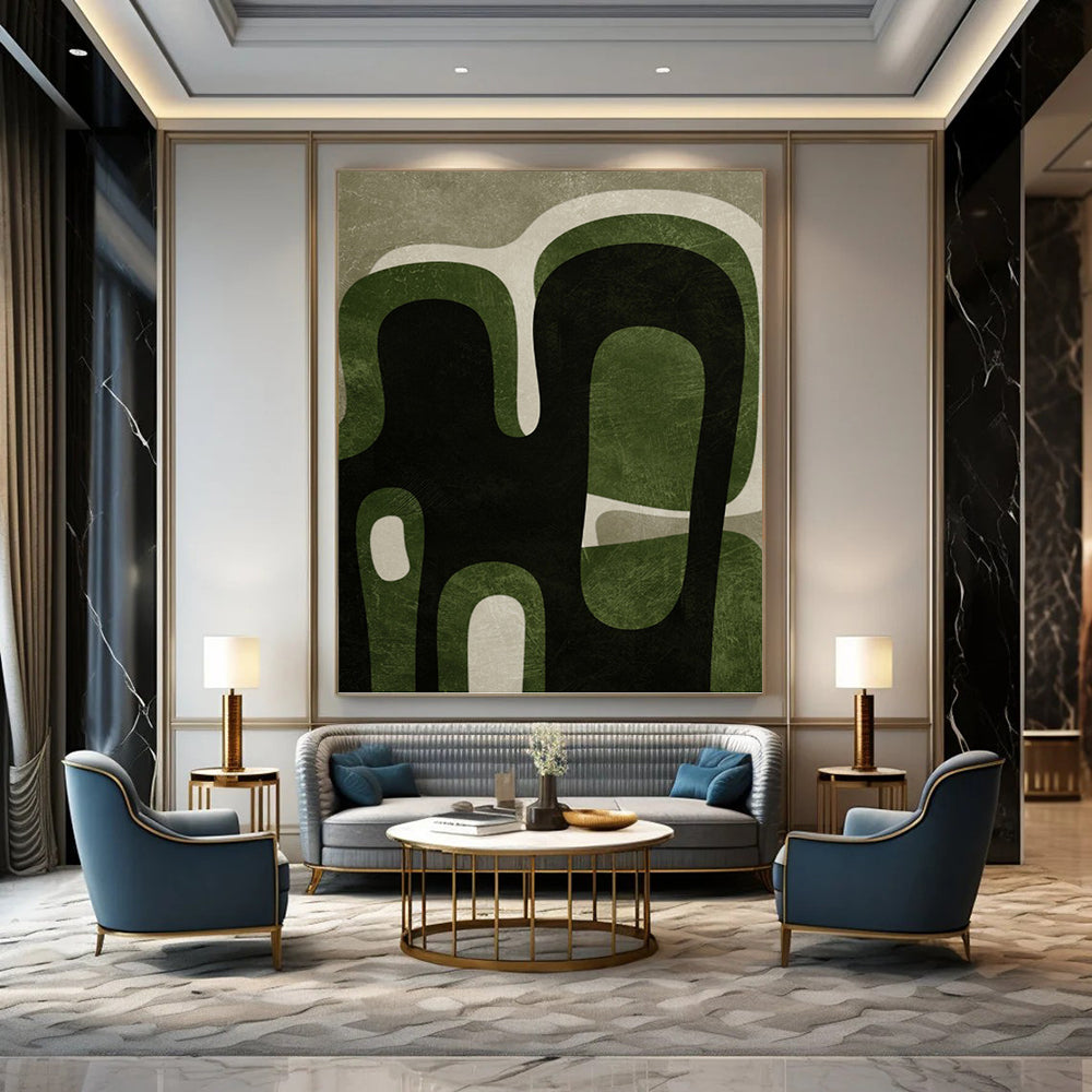 Green and Black Organic Shapes - Abstract Expressionist Painting On Canvas DKH1381