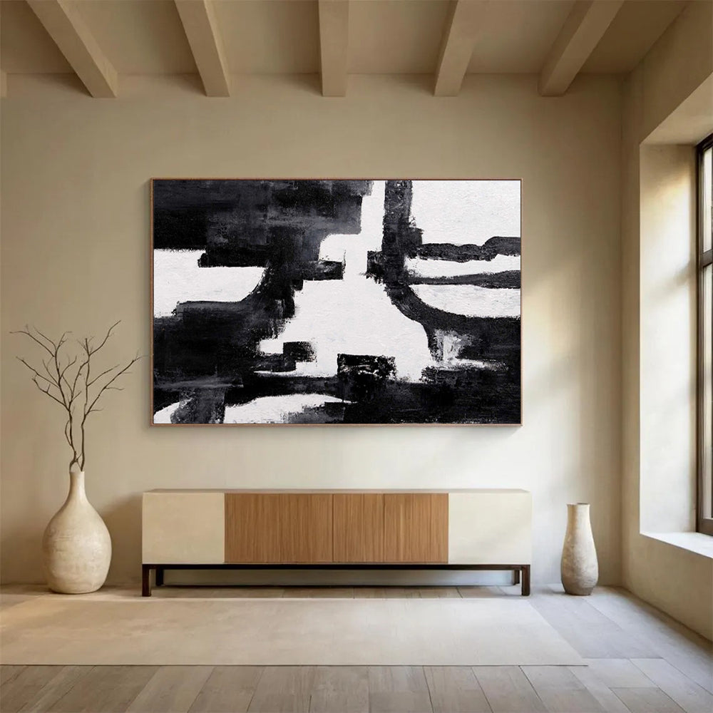 “Bold Black and White Abstract - Dynamic Shapes” Painting On Canvas DKH018