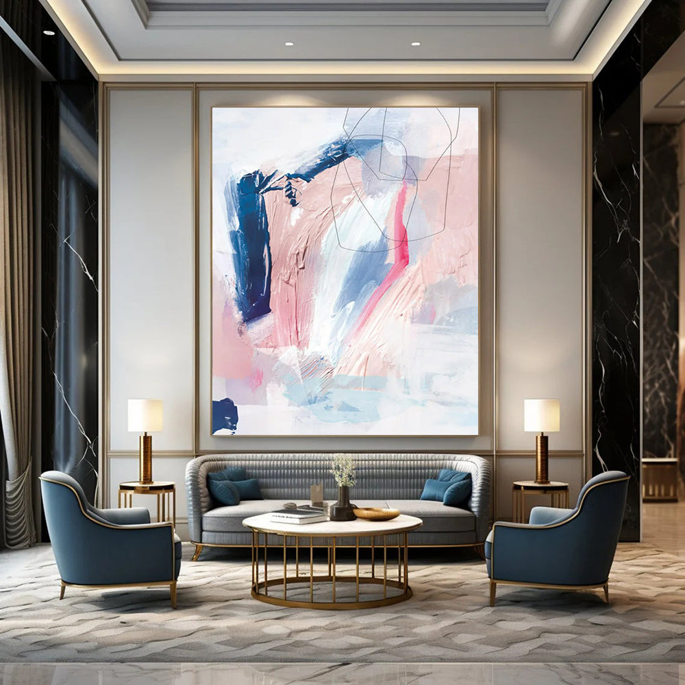Pink, Blue, White & Navy Linear - Textured Mix - Abstract Painting On Canvas CT2311