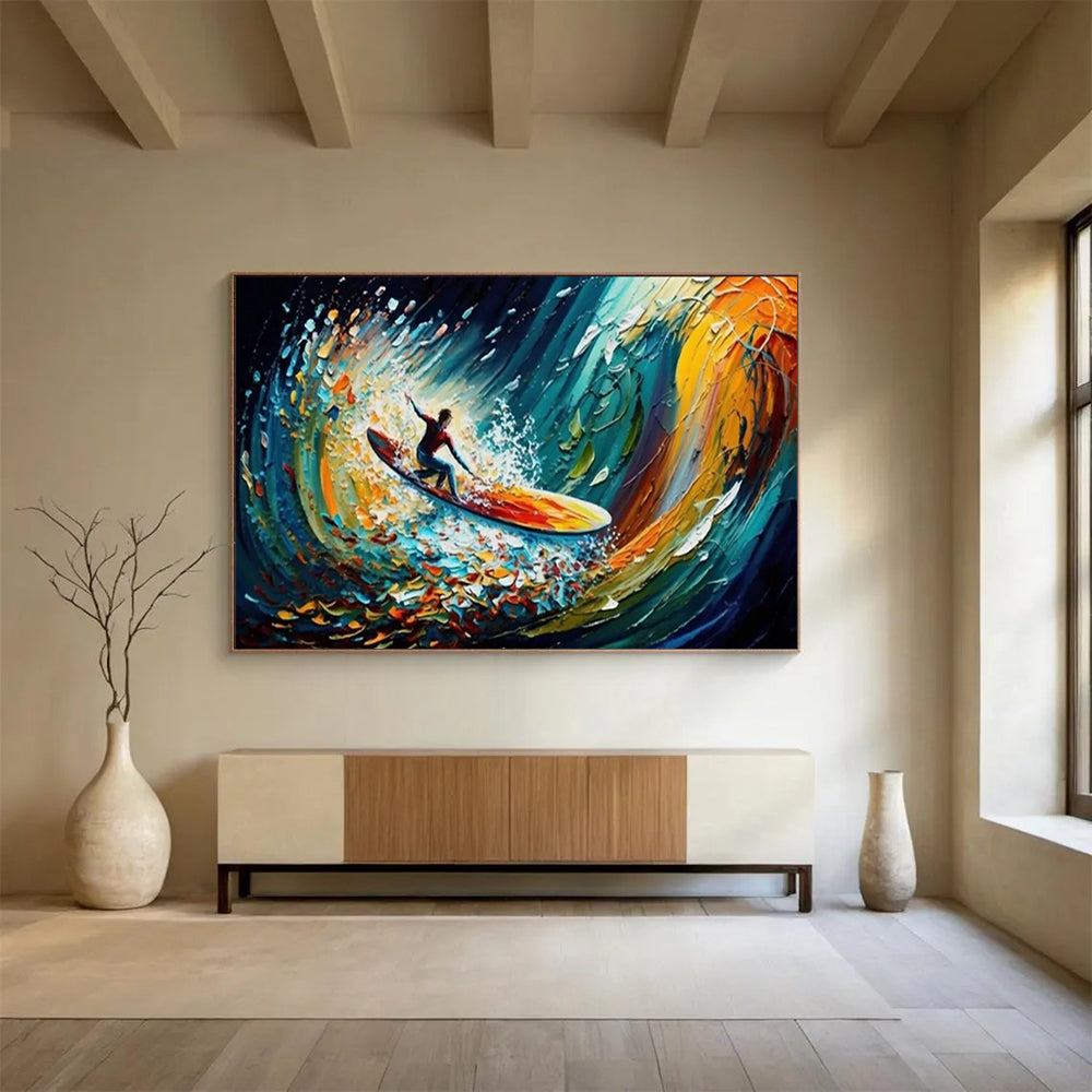 “Surfing the Color Wave” - Vibrant Multicolor Impasto Action Painting On Canvas DLZ259