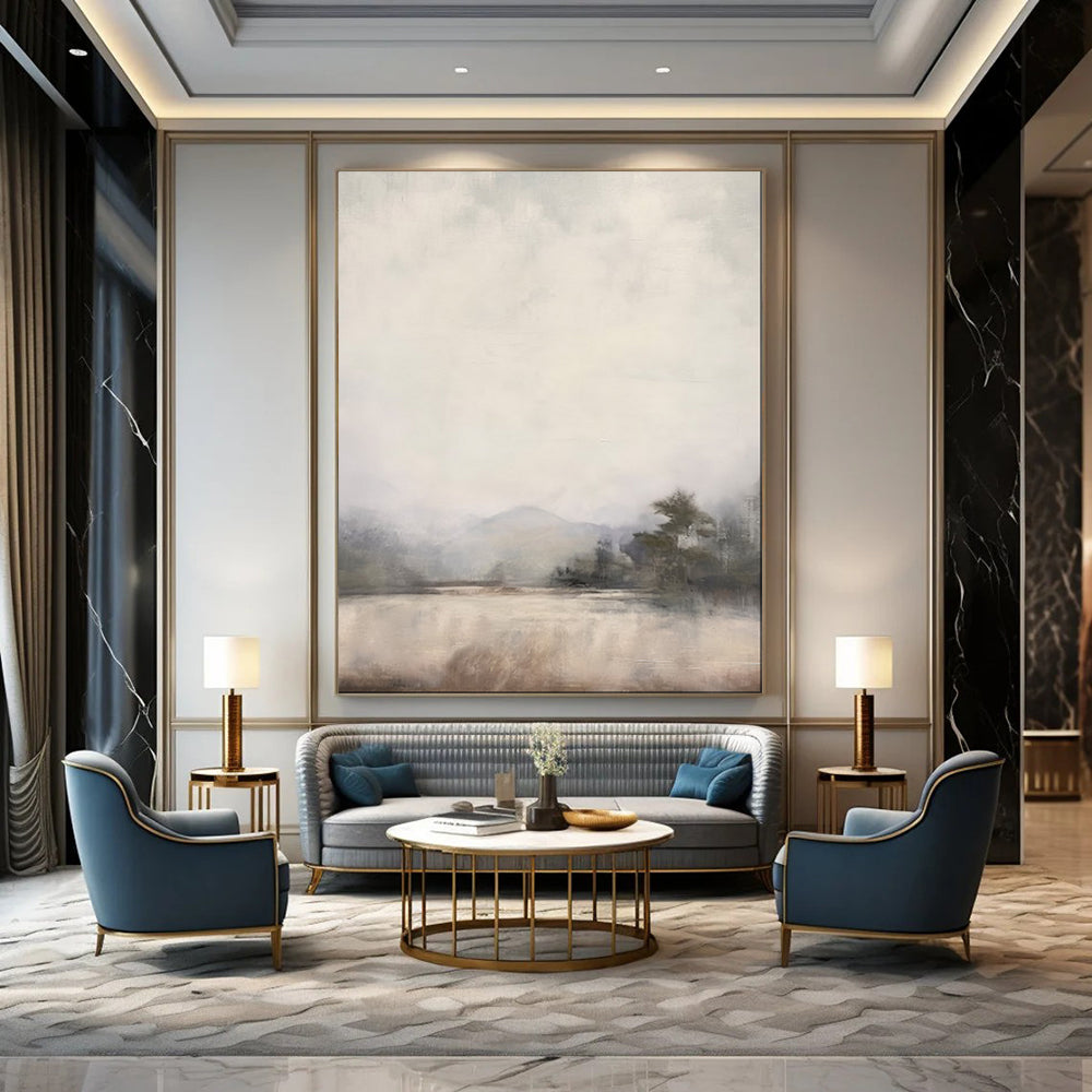 “Misty Lake Dreamscape” – Impressionistic Landscape Oil Painting with Soft Gray and Beige CT2056