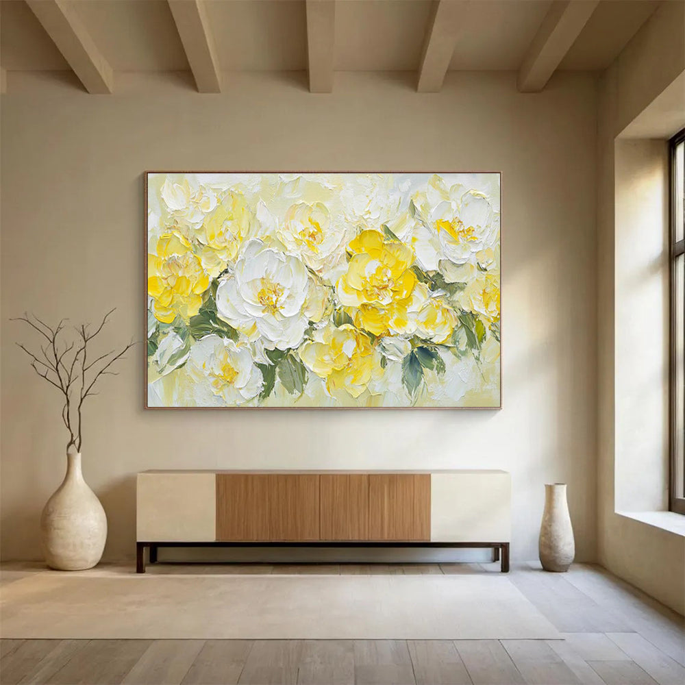 “Sunny Blooms” - Yellow, White Floral Impasto Painting On Canvas DKH696