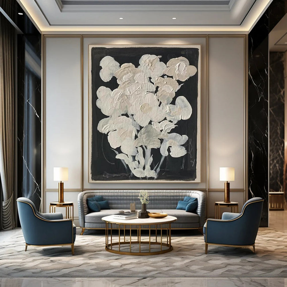 “White Flowers on Black” - Minimalist Floral Painting On Canvas DTP140