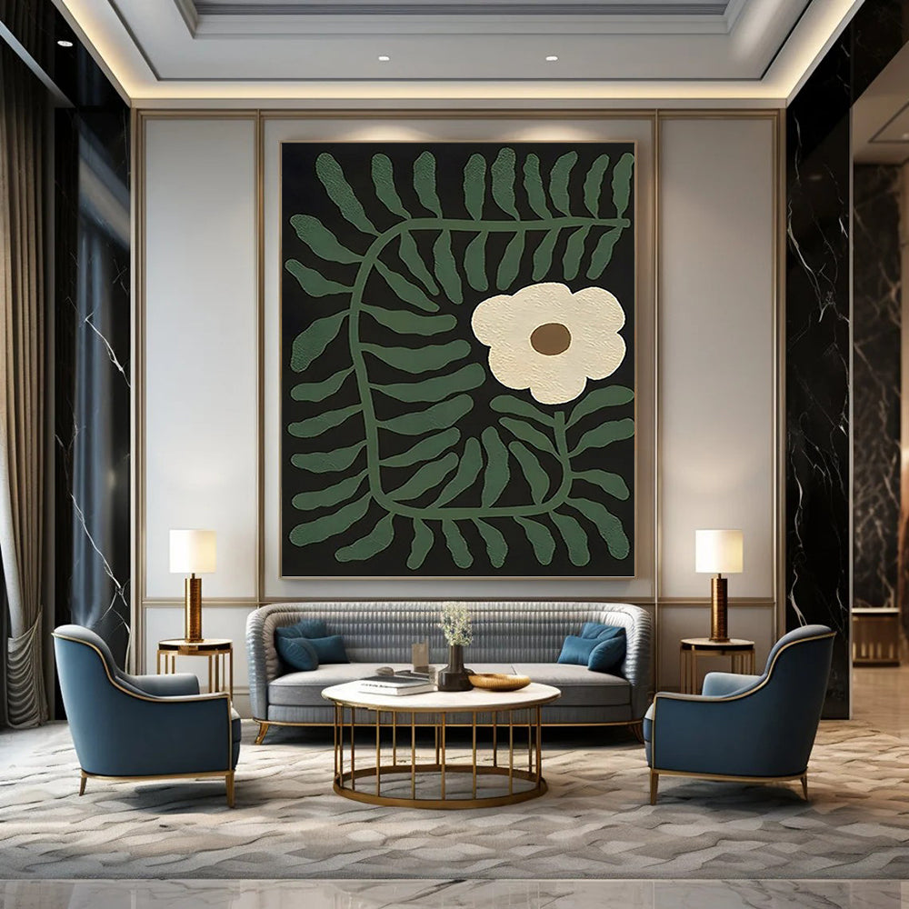 “Green - Leafed and White - Flowered Abstract” - Nature - Inspired Painting On Canvas DKH1115