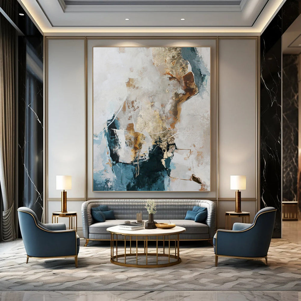 “Blue, Gold & White Abstract” - Blue, Gold & White Coastal - Inspired Painting On Canvas DKH1010