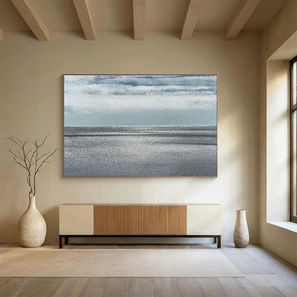 “Monochrome Sea & Sky” - Gray, White Minimalist Seascape Painting On Canvas DKH749
