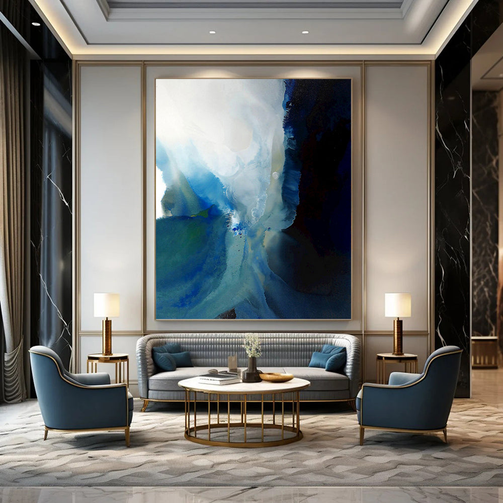 “Blue - White Ink Flow” - Blue, White & Black Abstract Watercolor Painting On Canvas DKH0941
