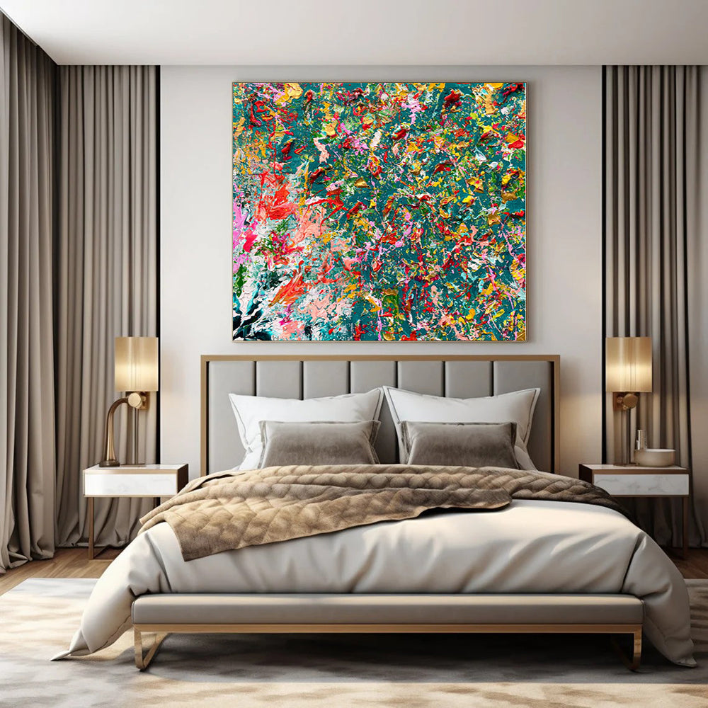 Vivid Color Splash on Teal - Abstract Expressionist Painting CT1220