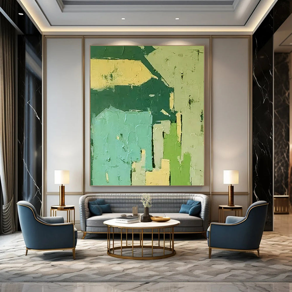 Green & Blue Geometric Blocks - Geometric Abstract Painting On Canvas CT2276