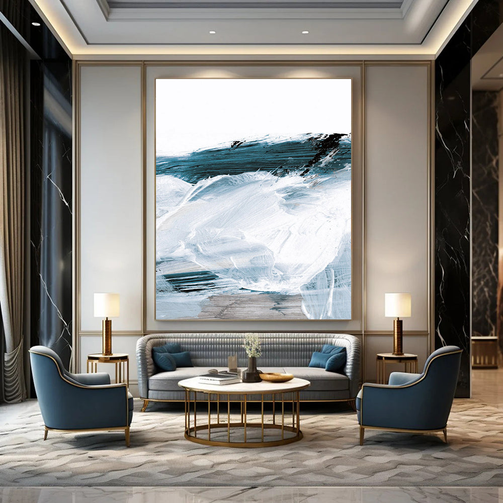 “Coastal Blue & White Swirls” - Blue, White, Gray Abstract Painting On Canvas DTP219