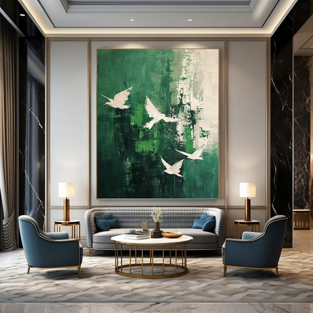 White Doves on Green Abstract - Abstract Painting On Canvas DKH1311