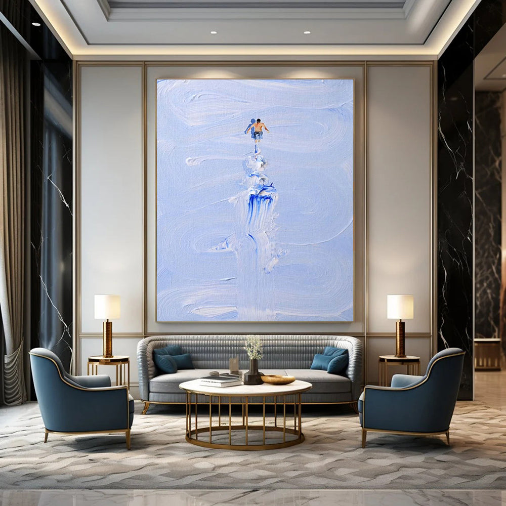 “Blue, White Figure ‘Water Wanderer’” - Impasto Sea & Figure Painting On Canvas DTP327
