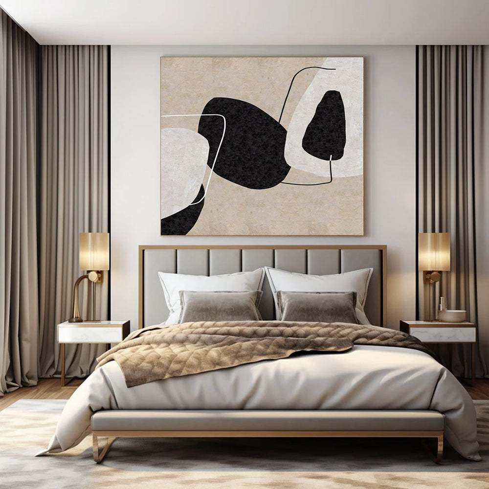 “Beige - Black - White Geometric Forms” – Geometric Abstract Painting CT1152