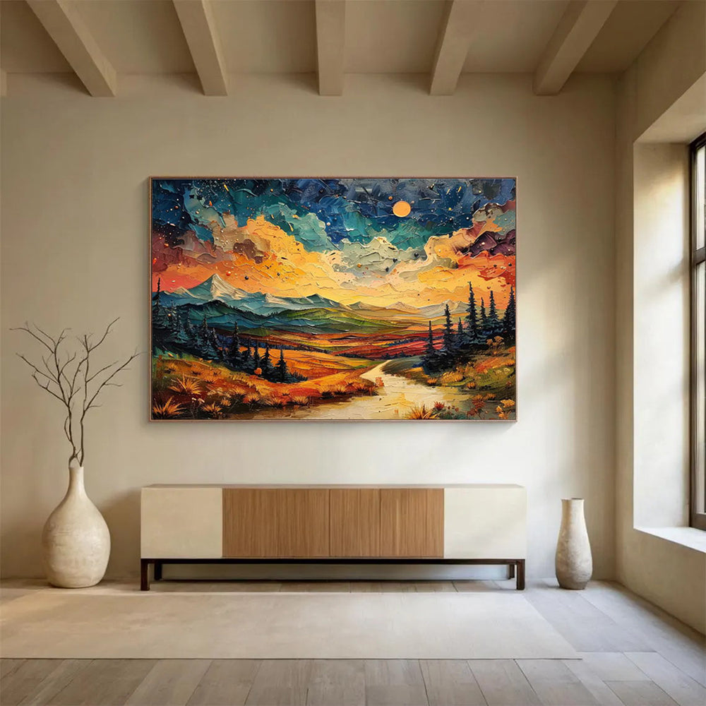 “Vibrant Mountain Sunset”:Colorful Impasto Landscape Painting On Canvas DKH252
