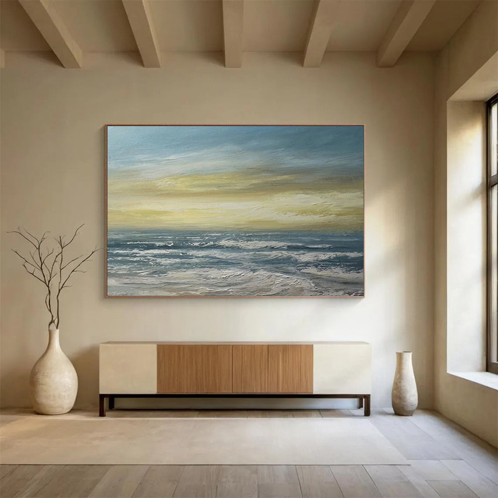 “Blue, Yellow, Sunset Ocean ‘Golden Hour at Sea’” - Impressionist Seascape Painting On Canvas DLZ033