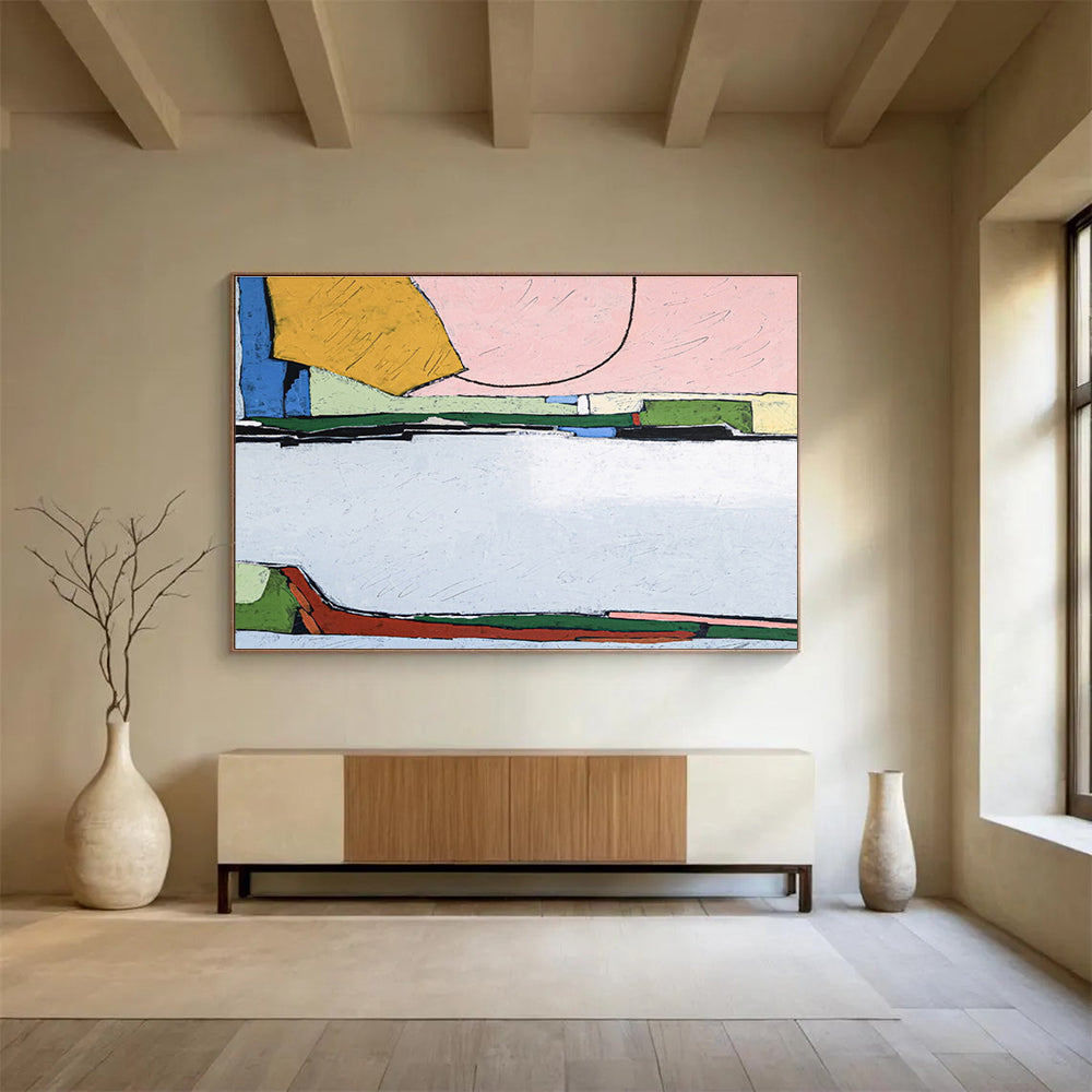 “Pink - Yellow Geometric Blocks” Abstract Acrylic Painting On Canvas DKH541