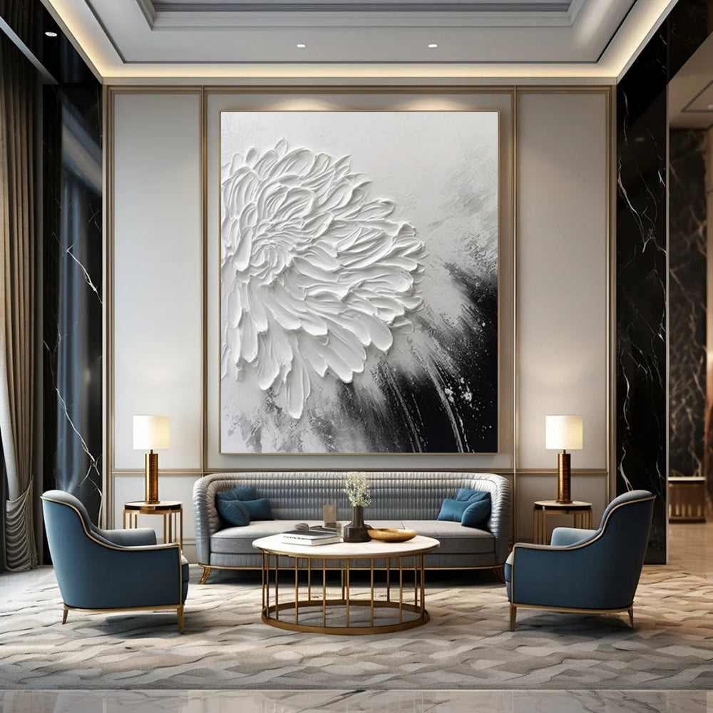 “Textured White Flower” - Black & White Floral Painting On Canvas CT2216