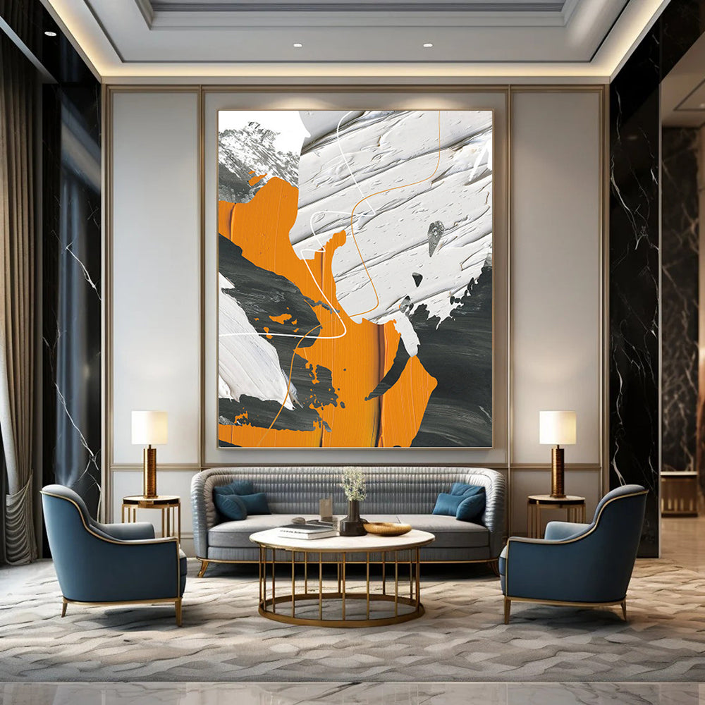 “Dynamic Forms” - Orange, White, Gray & Black Abstract Lines Painting On Canvas DKH1528
