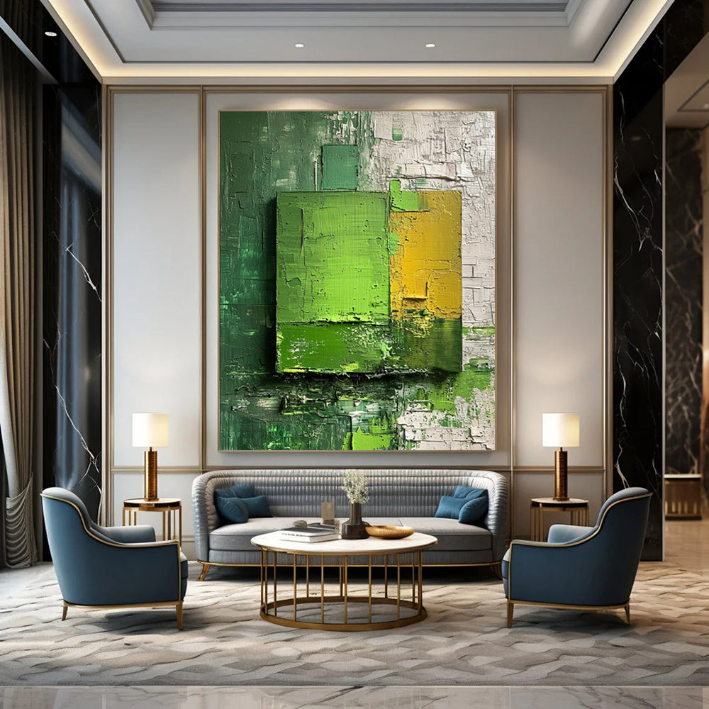 “Green - Yellow Layered Squares” - Impasto Abstract Painting On Canvas DTP030