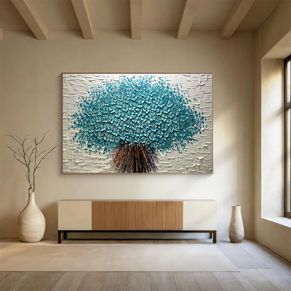 Textured Blue Flower Tree - Impasto Floral Painting On Canvas DLZ213