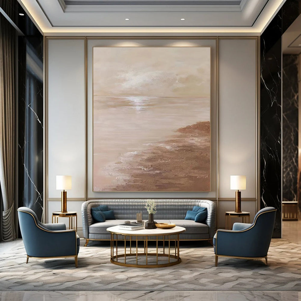 “Beige, Brown Serene Sea ‘Tranquil Horizon’” - Impasto Seaside Painting On Canvas DTP341