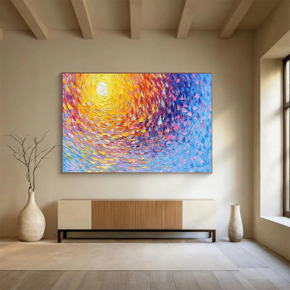 Colorful Spiral Sun - Yellow, Orange & Blue Abstract Painting On Canvas DKH881