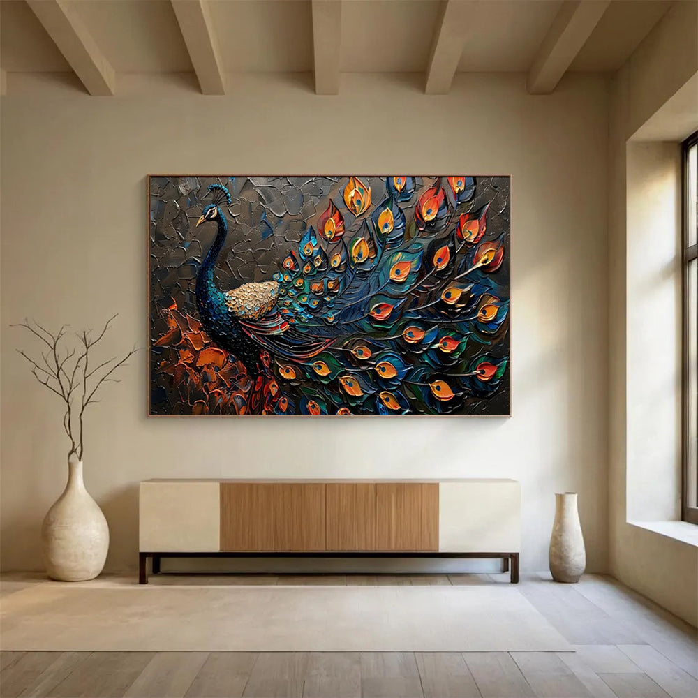 “Textured Peacock with Vivid Plumage” - Ornate Animal Painting On Canvas DKH807