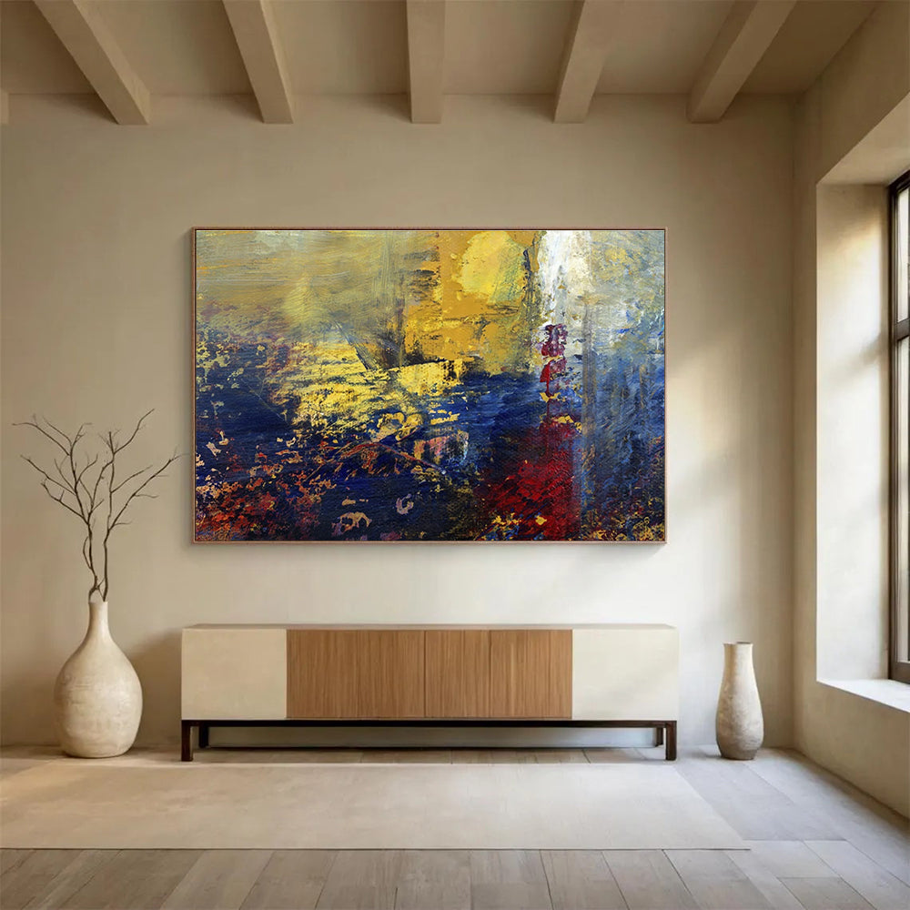 “Golden Dusk Abstraction” - Gold, Blue, Red Abstract Oil Painting On Canvas DKH722