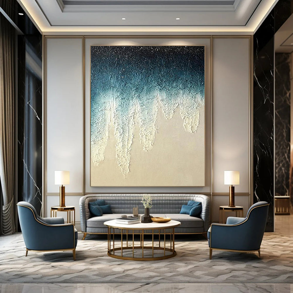 “Blue, White Dripping Texture ‘Celestial Tears’” - Impasto Abstract Painting On Canvas DTP343