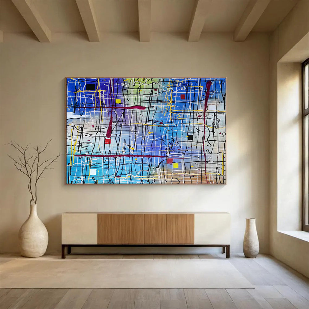 “Colorful Line Grid Abstract” - Vibrant Abstract Painting On Canvas DKH849