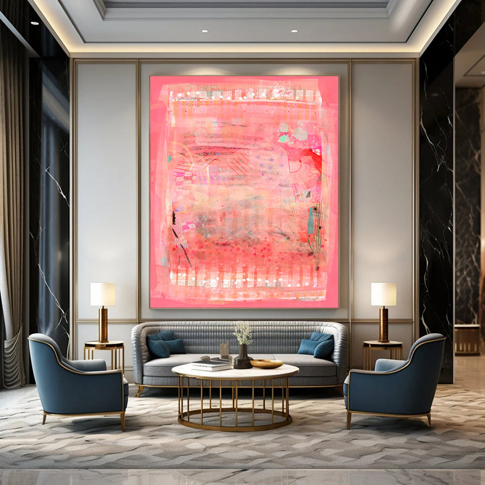 “Pink & Patchwork” - Abstract Mixed - Media Collage Art on Canvas CT1863