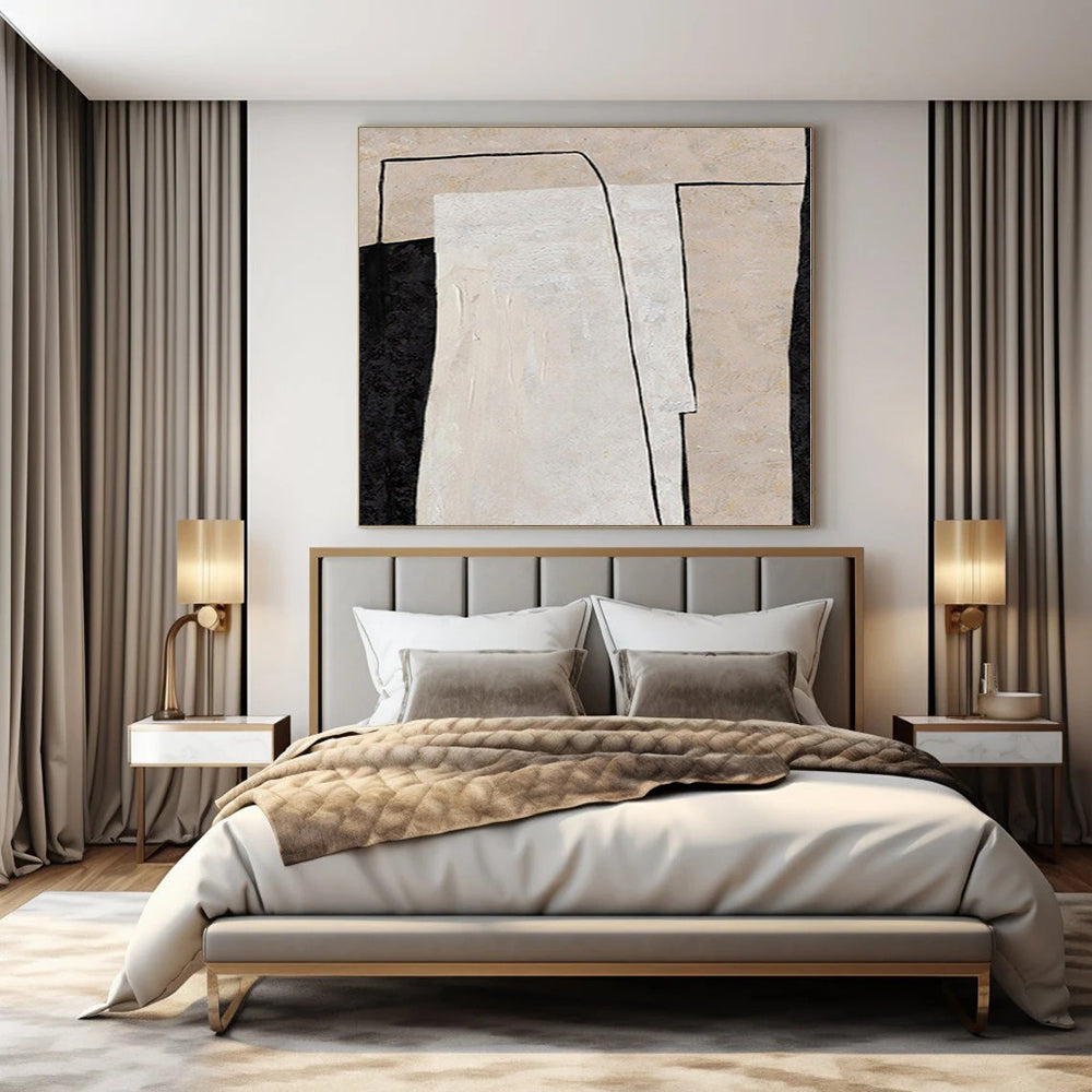 “Black - White - Beige Geometric Overlap” – Geometric Abstract Painting CT1136