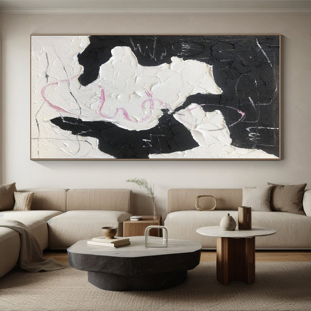 Black, White & Pink Textured Forms, “Playful Chaos” - Impasto Abstract Painting CT0773