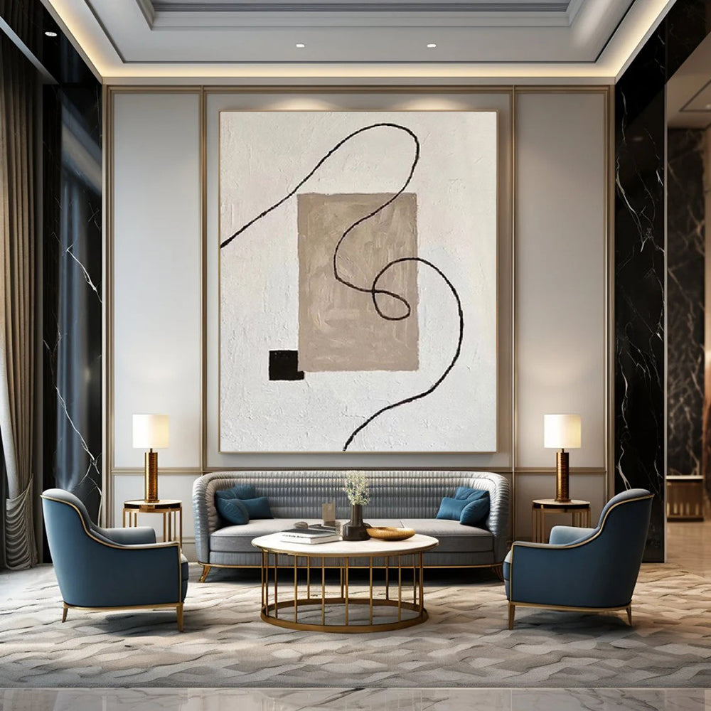 Minimalist Beige, Black, and Line Abstract - Abstract Painting On Canvas DKH1327