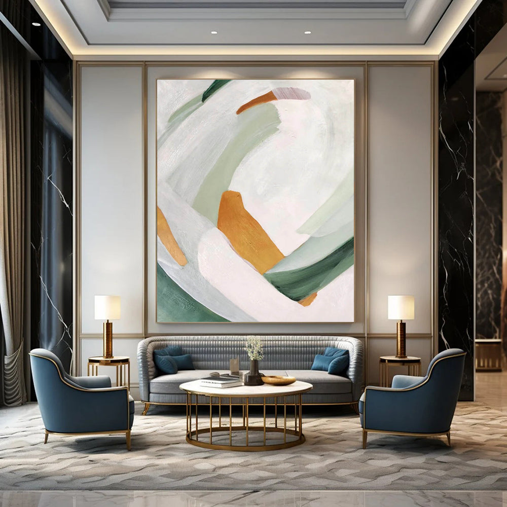 “Soft Color Block Abstraction” - White, Green, Orange Abstract Painting On Canvas DTP257