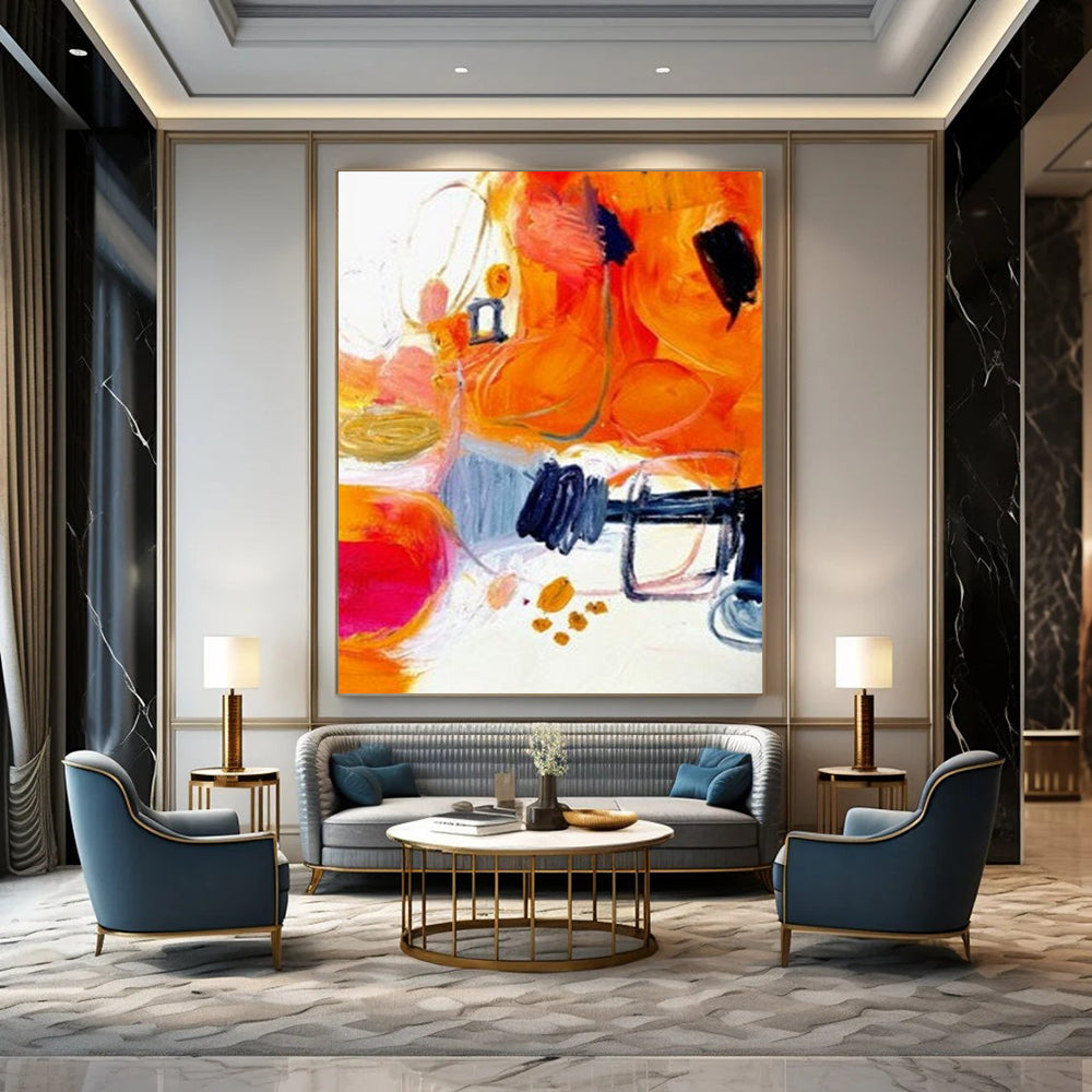 “Orange - Abstract Energy” - Orange, Pink, Blue Dynamic Shapes Painting On Canvas DTP272