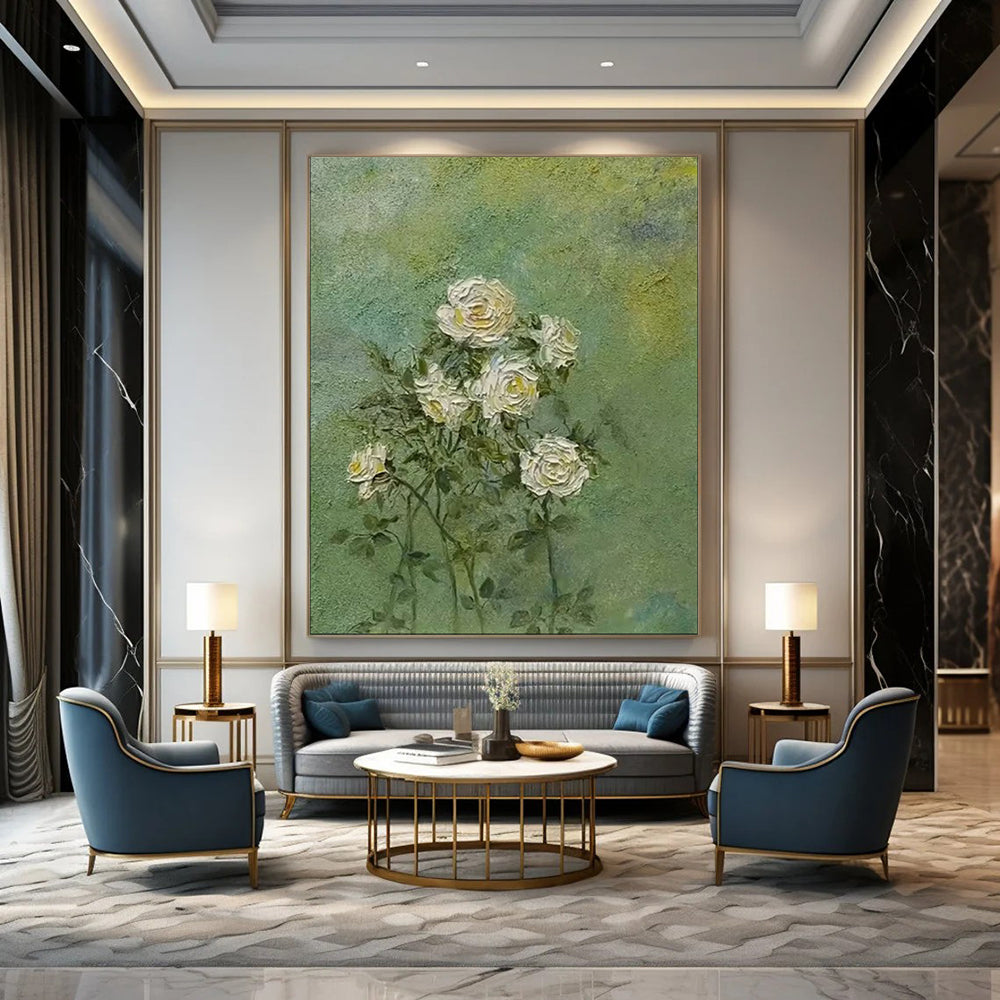 “White Roses on Green” - Textured Floral Painting CT1987