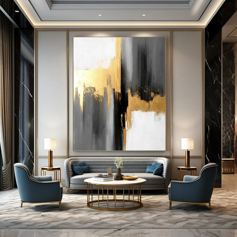 “Gray - Gold - White Abstract” - Abstract Expressionist Painting On Canvas DTP076
