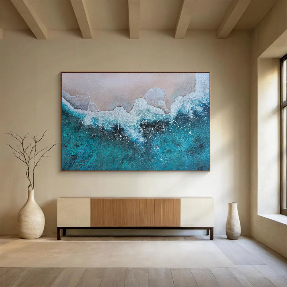 “Blue, White, Textured Shoreline ‘Aerial Beach View’” - Textured Seascape Painting On Canvas DLZ040