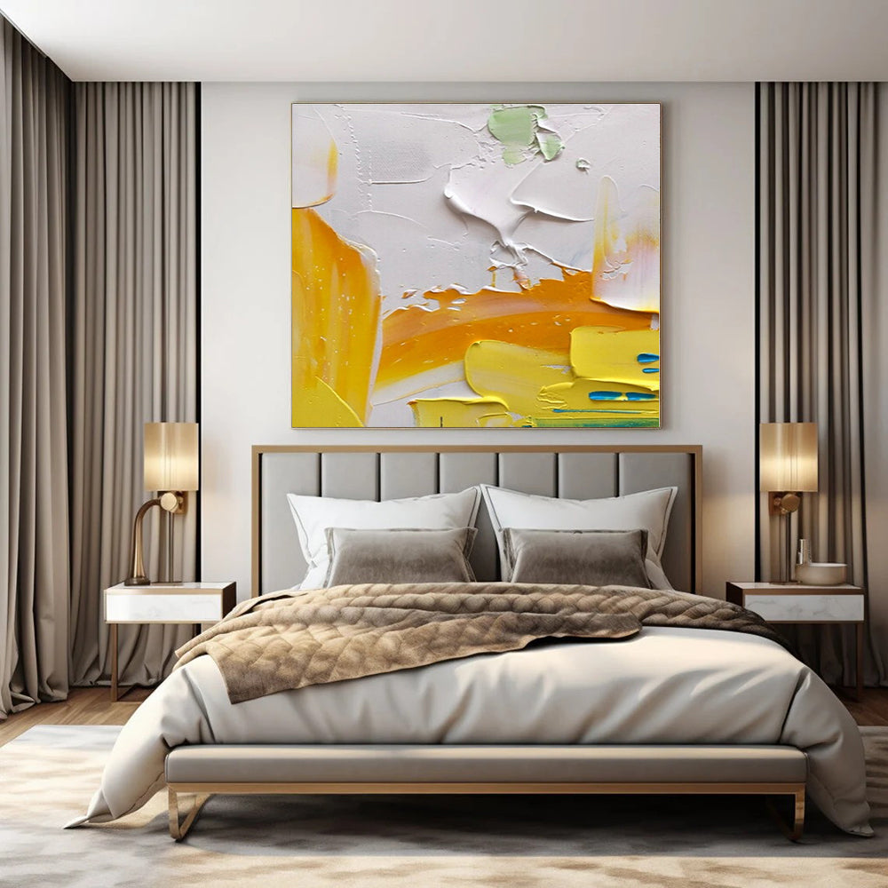 Bright Yellow & White Textured Abstraction - Impasto Abstract Acrylic On Canvas CT1346