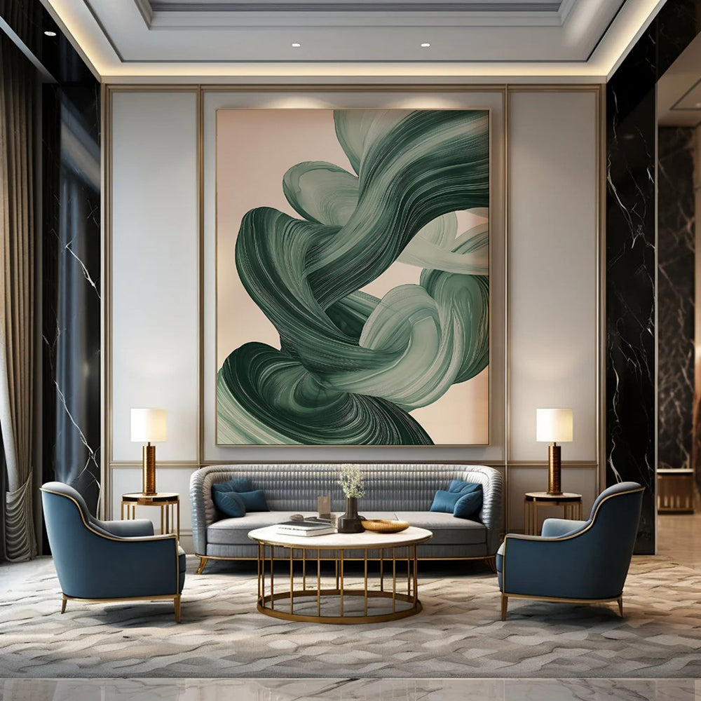 “Swirling Greens Abstract Ribbons” - Modern Abstract Acrylic Art CT1928