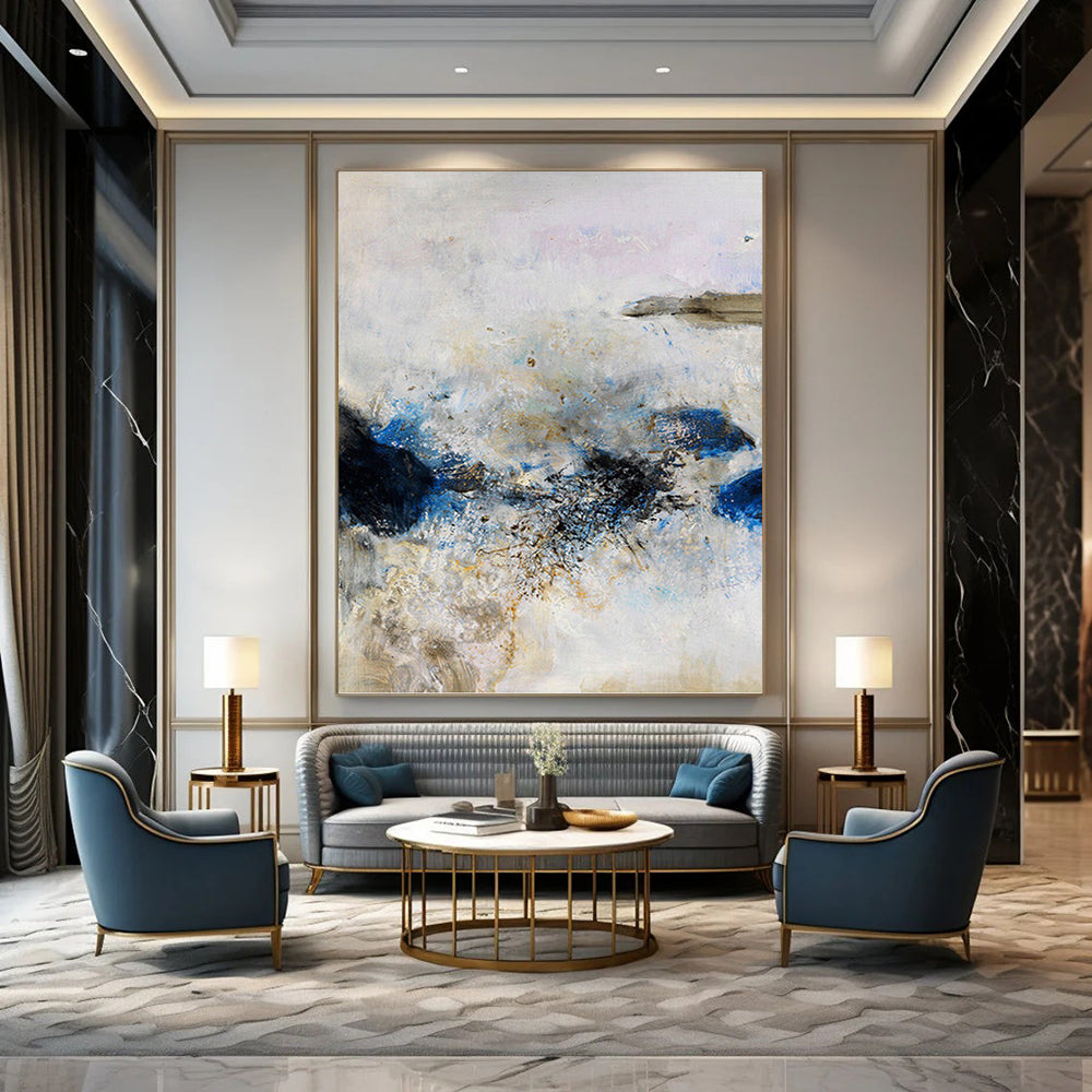 “Soft Storm” - Blue, Gray & Gold Abstract Impasto Painting On Canvas DKH1521