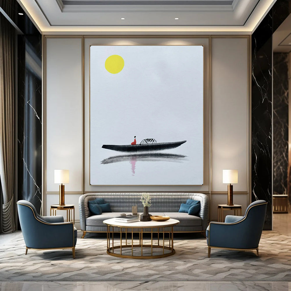 “Minimalist Chinese - Style Boat Scene” – Ink Wash - Inspired Painting On Canvas CT2163