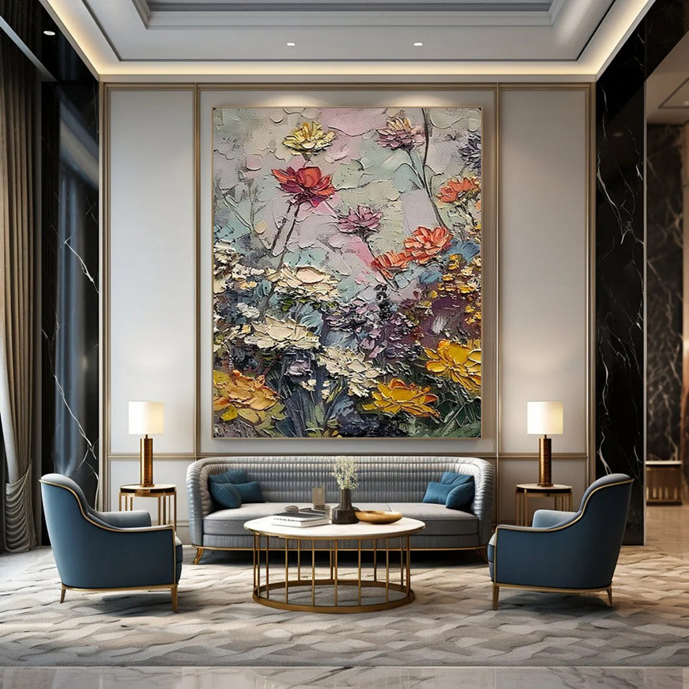 “Textured Colorful Flower Garden” – Impasto Floral Oil Painting On Canvas CT2142