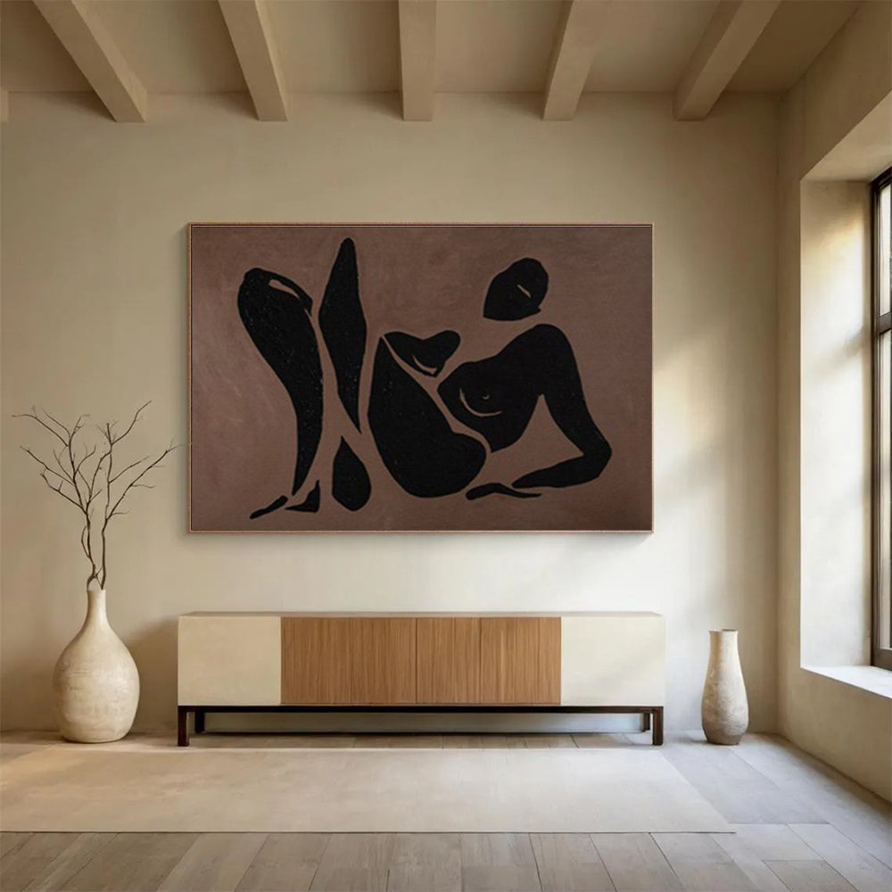 “Bronze Silhouette of Repose” - Black, Brown Figurative Minimalist Painting On Canvas DKH743