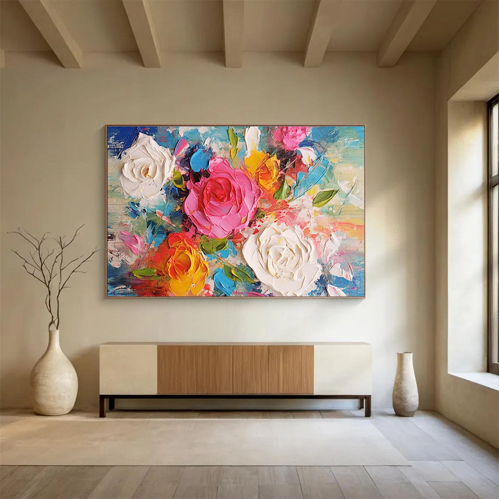 Textured Flower Bouquet - Pink, White, Yellow & Blue Floral Painting On Canvas DKH884