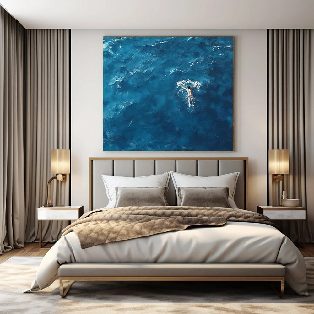 “Solitary Swimmer in Azure Sea” – Minimalist Seascape Painting CT1065