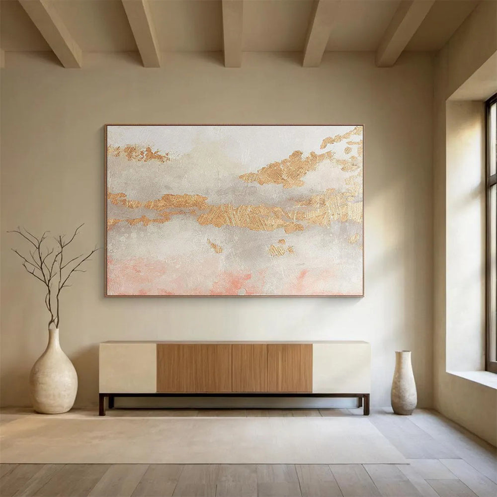 “Gold - Pink Abstract Textures” Abstract Mixed - Media Painting On Canvas DKH440