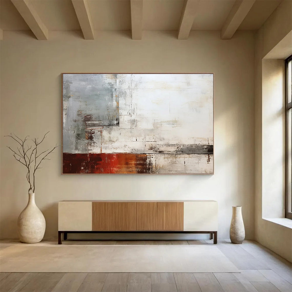 Neutral Abstract with Red Accent - Muted Tones and Subtle Layers Painting On Canvas DKH043