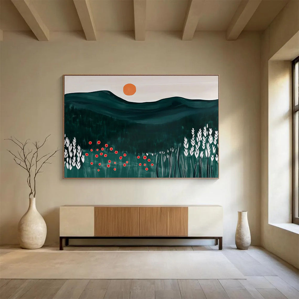Minimalist Mountain Sunset Folk - Art Painting On Canvas DKH224